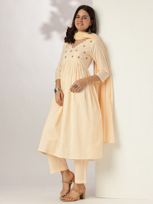 Cream Pure Cotton Yoke Embroidered A-line Kurta Set
